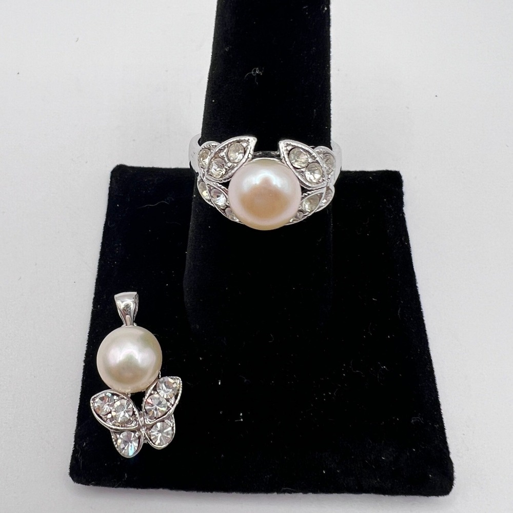 Unbranded Pearl Butterfly Jewelry Set Size 8.5 Silver 10KGF Excellent Rhinestone